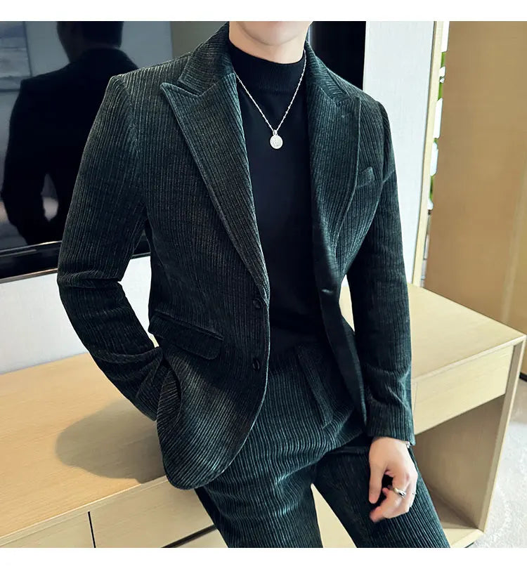 ( Jacket+Pants) Men Corduroy Suit Two-Piece Set High Quality Italian Style Business Suit Luxury Men Formal Wedding Groom Tuxedos