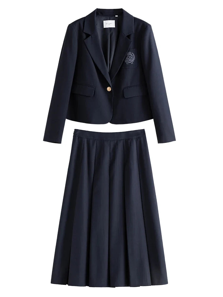 College Style Short Blazer Coat Fashion Two Piece Suit for Women Literary Retro Spring New High Waist Half Pleated Skirt