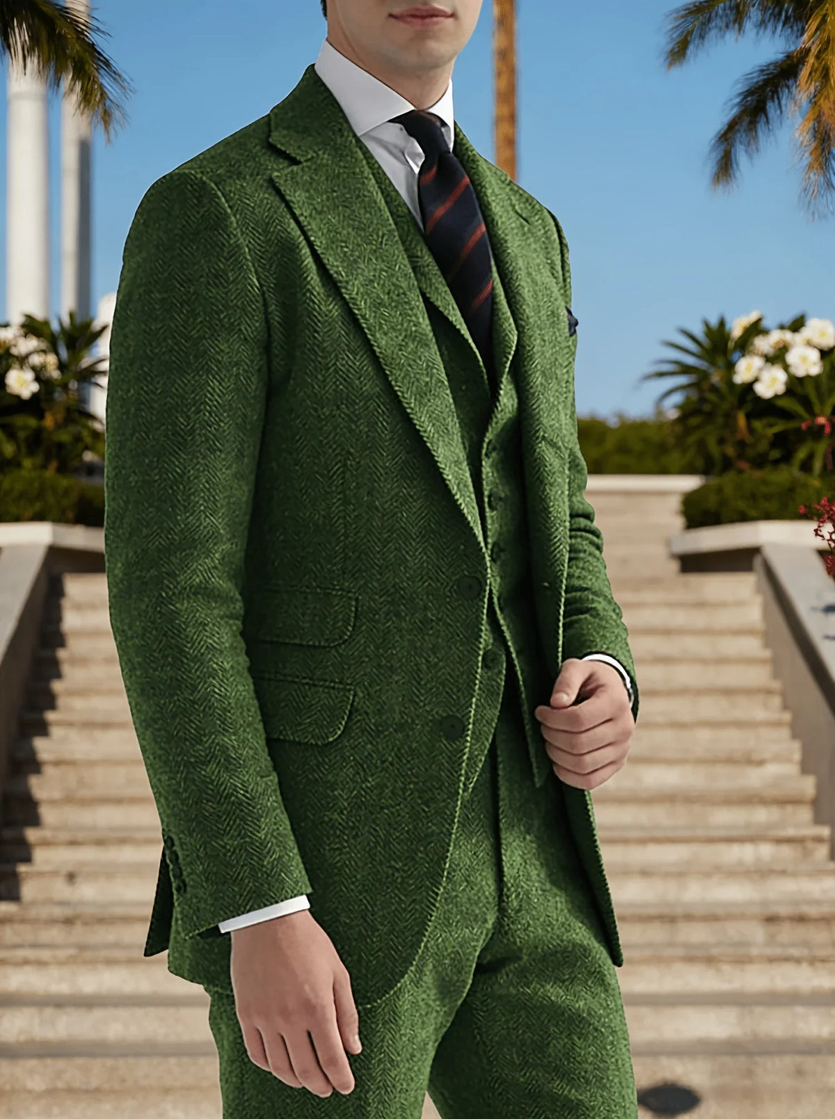 Men's Green Herringbone Texture Blazer, Sophisticated Business Style, Structured Fabric, Slim Fit Design, Formal Occasion Statem
