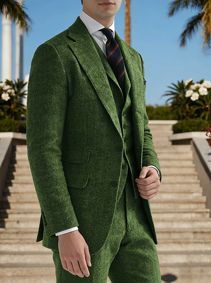 Men's Green Herringbone Texture Blazer, Sophisticated Business Style, Structured Fabric, Slim Fit Design, Formal Occasion Statem