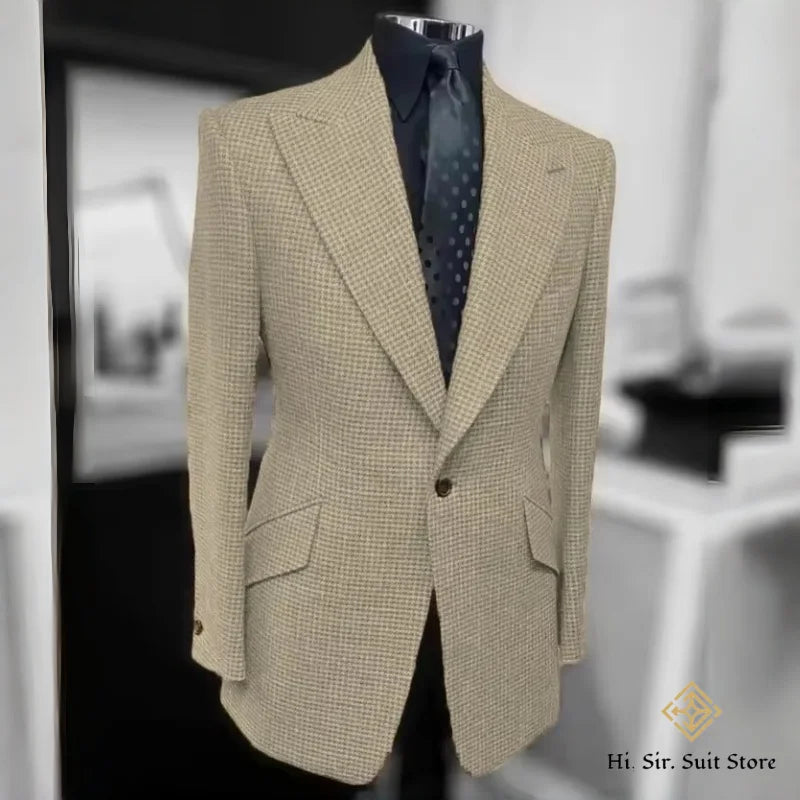 Houndstooth Blazer Men Slim Fit Plaid Suit Jacket Tuxedo One Button Peak Lapel Business Casual Wedding Prom Sport Coats Hot Sale