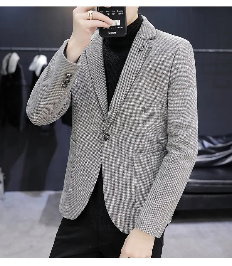 Blazer: An Outdoor Fashion Business Gentleman Pure Color Wedding Host Slim-fit Casual Korean-style Versatile Men Fleece Blazer