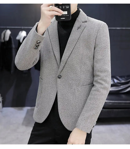 Blazer: An Outdoor Fashion Business Gentleman Pure Color Wedding Host Slim-fit Casual Korean-style Versatile Men Fleece Blazer