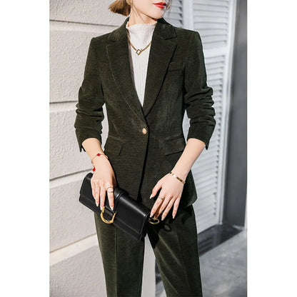 High Quality Fabric Corduroy Formal Women Business Suits OL Styles Professional Pantsuits Office Work Wear Autumn Winter Blazers
