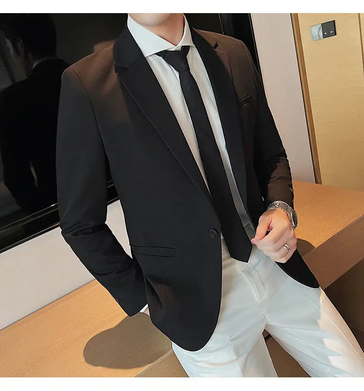 High-Quality Fashionable Men's Slim Fit Business Suit Jacket Autumn Wear Korean Style Pure Color Tweed High-End Feel