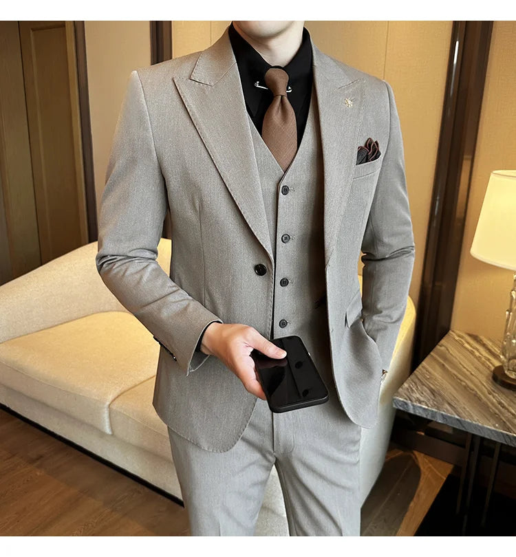 (Blazer + Vest + Trousers) 2024 New Men Formal Business Solid Suit 3 Pieces Set Italian Style Luxury Wedding Social Party Tuxedo