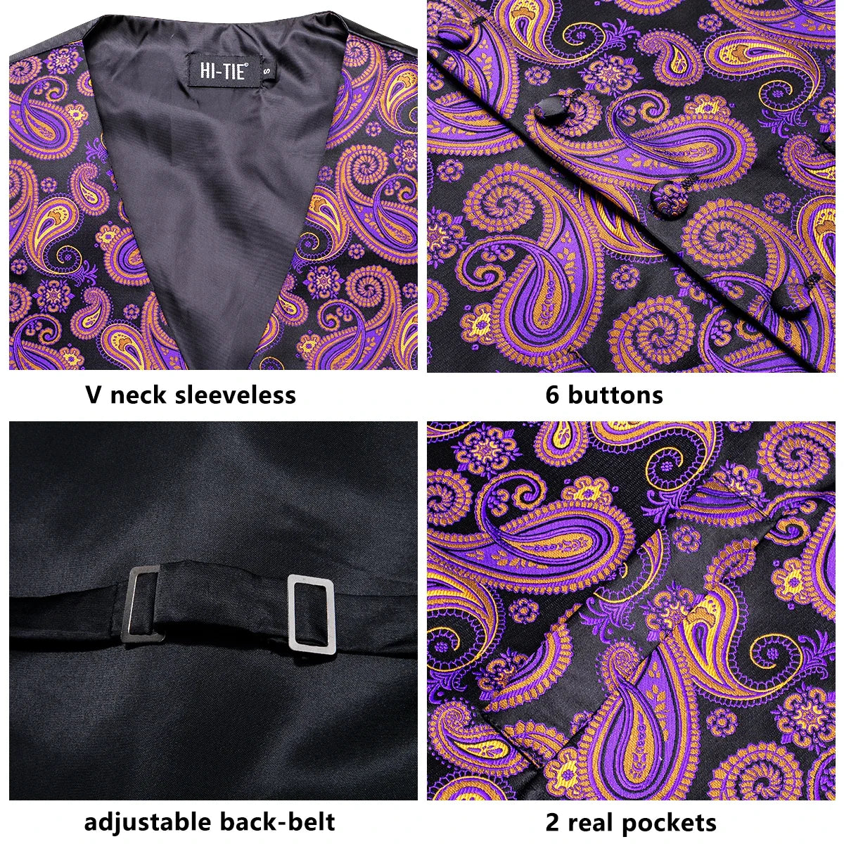 Men's Jacquard Floral Waistcoat Set with Tie, Pocket Square & Cufflinks – Purple Paisley, Wedding & Business