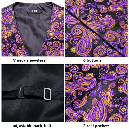 Men's Jacquard Floral Waistcoat Set with Tie, Pocket Square & Cufflinks – Purple Paisley, Wedding & Business