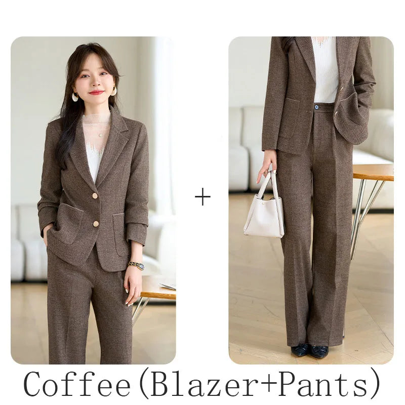 High Quality Fabric Velvet Autumn Winter Women Business Work Wear Suits Pantsuits Formal OL Styles Professional Trousers Set