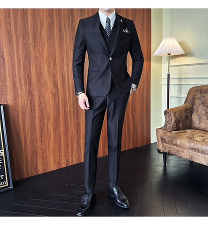 (Jackets+Pants+Vest) High Quality Men Slim Fit Party Tuxedos 3 Pieces Fashion Double Breasted Vest Design Business Wedding Suit