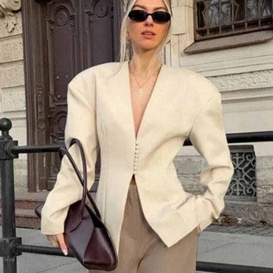 Womens Apricot V Neck Waist Cinched Long Sleeve Structured Blazer Cardigan Spring Fall New Unique Elegant Casual Chic Trendy