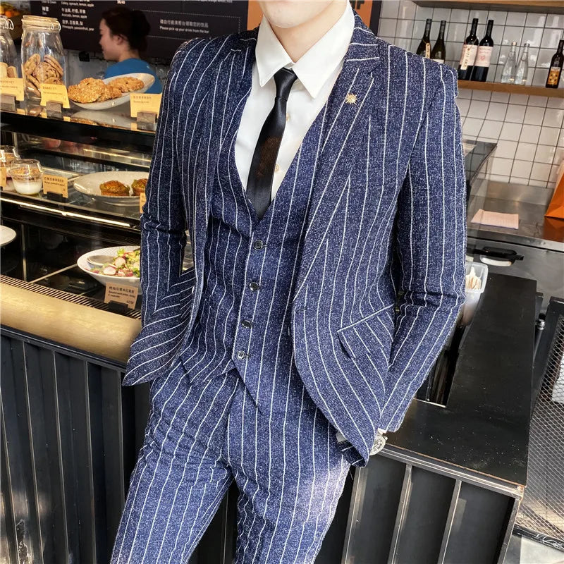 Men's 3-Piece Slim Fit Striped Plaid Suit Set with Vest and Trousers – Wedding & Business