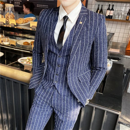 Men's 3-Piece Slim Fit Striped Plaid Suit Set with Vest and Trousers – Wedding & Business