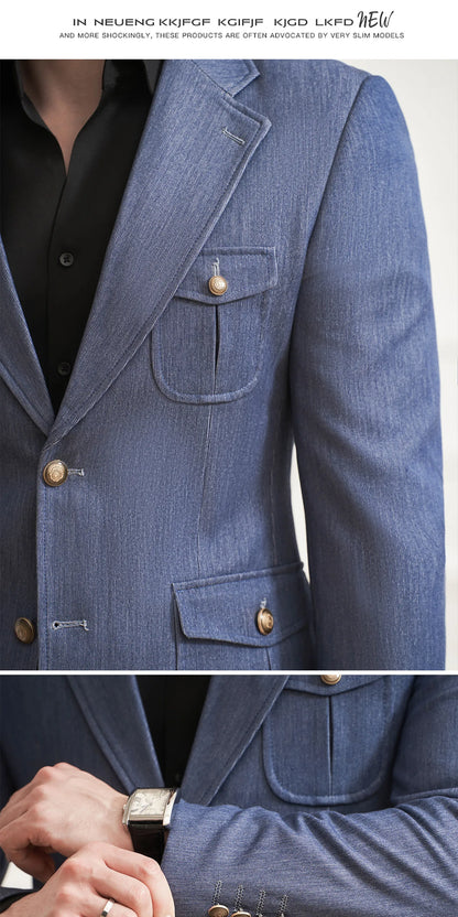 High Quality Men's Denim Style Suit Jacket Vintage Luxury Slim Fit Business Fashion Casual Suit Coat Formal Wedding Tuxedos