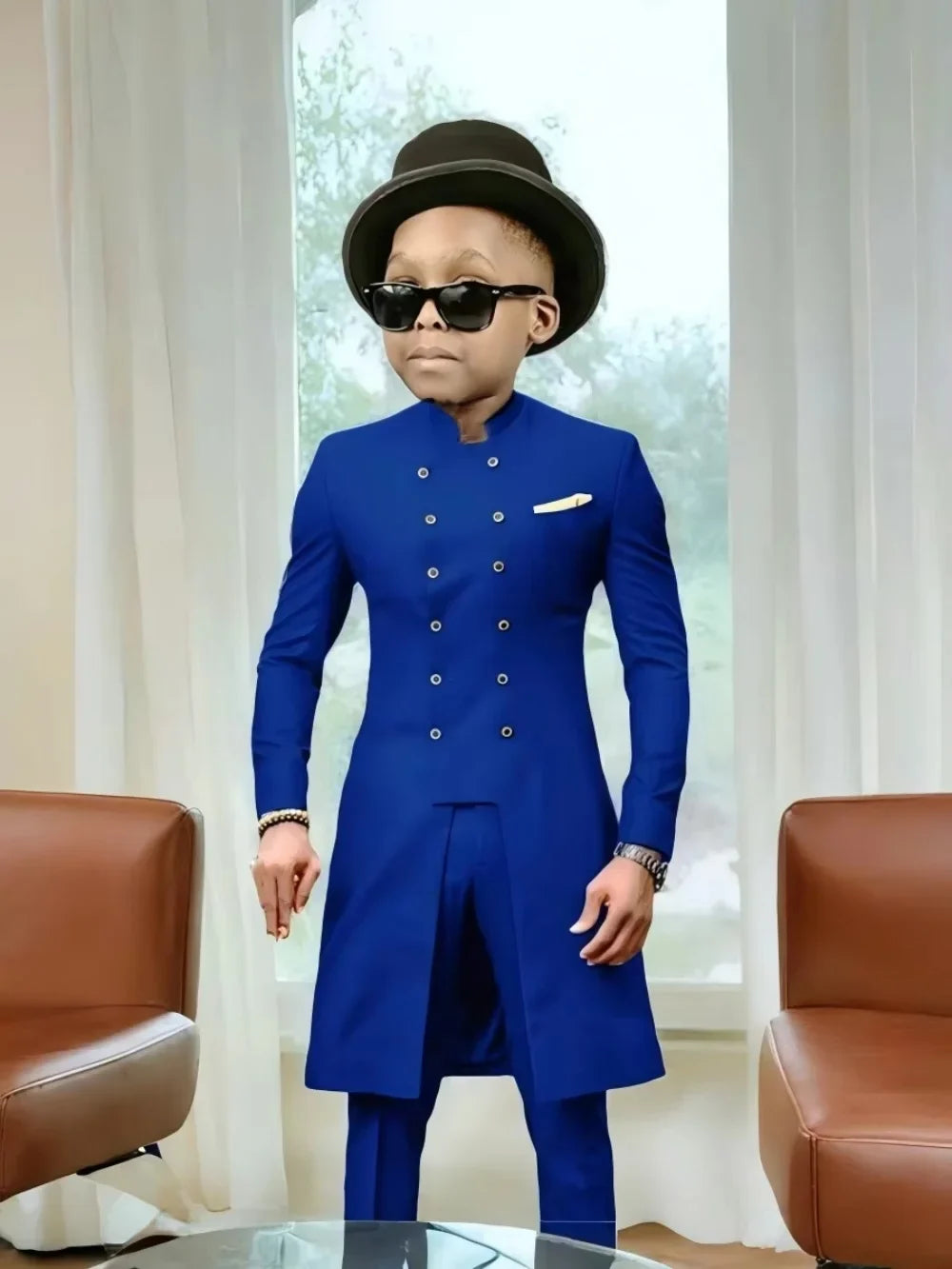 African Stand Collar Kids Long Suit Set 2 Pieces Wedding Guest Outfit Double Breasted Boys Formal Tuxedo Birthday Party Wear