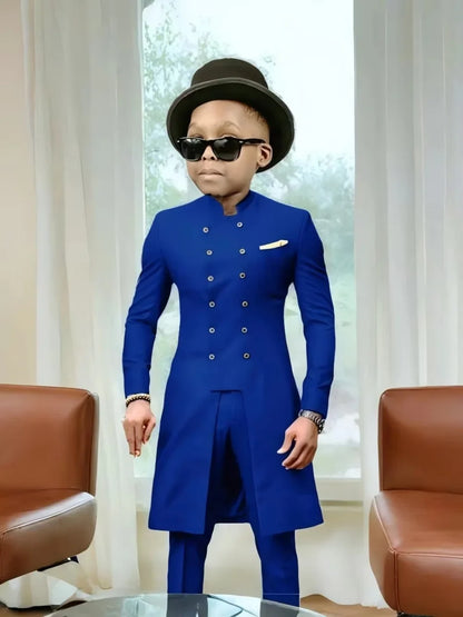 African Stand Collar Kids Long Suit Set 2 Pieces Wedding Guest Outfit Double Breasted Boys Formal Tuxedo Birthday Party Wear