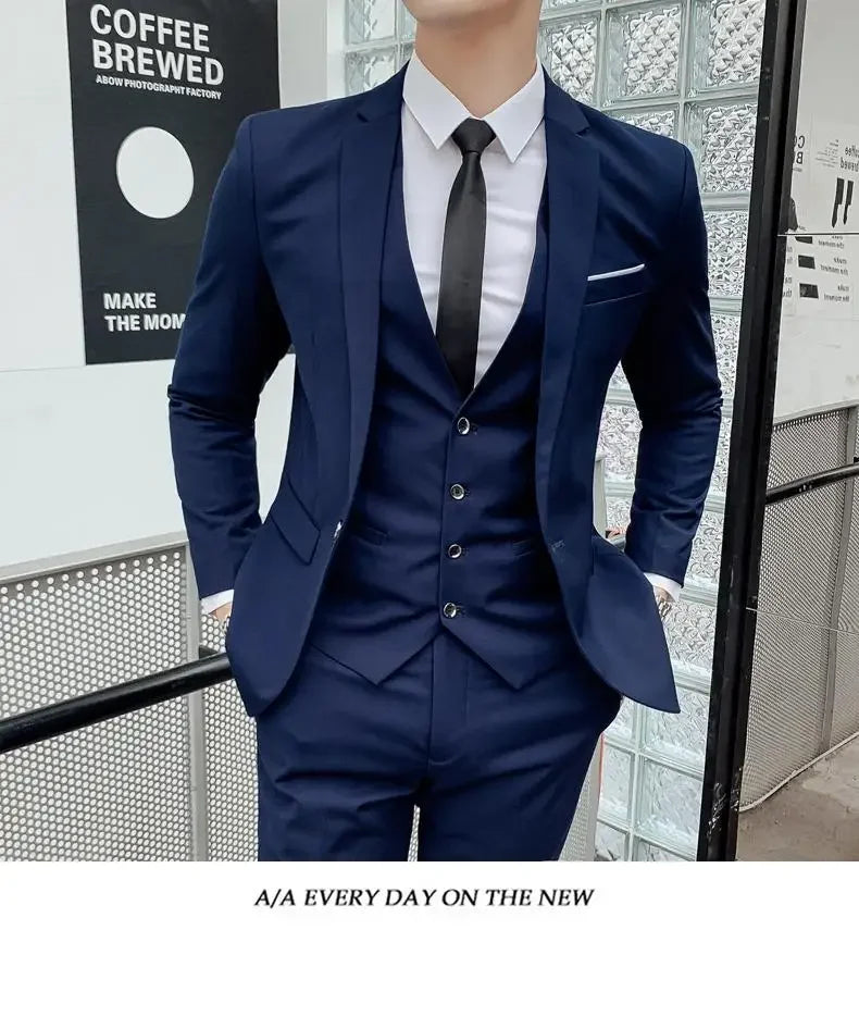 Men's Solid Color 3-Piece Suit – Slim Fit Blazer, Waistcoat & Trousers for Business, Dinner & Formal Occasions