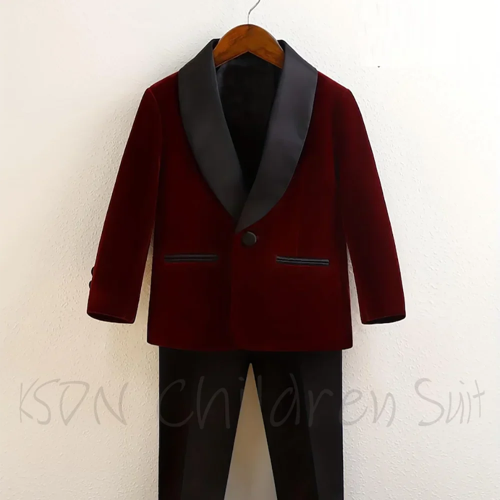 Baby Boys Burgundy Velvet Tuxedo Suit Formal Wedding Wear Chic Single Button Shawl Lapel Cute Children Outfit Two Pieces Set