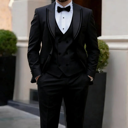 Men Suit 3 Pieces Navy Blue With Lapel Solid For Wedding Banquet Birthday Business Party Prom Work Office Set Jacket Vest Pants