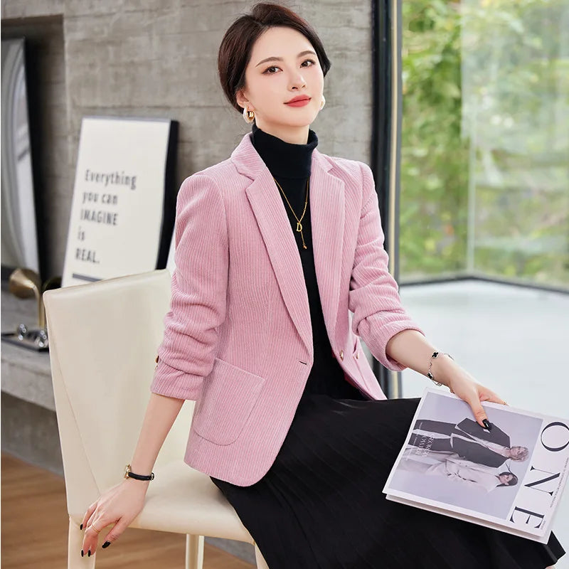 Autumn and Winter Blazer Women's Corduroy New Long Sleeve Professional Blazer Women's Coat Office Female Blazers Jacket Coat