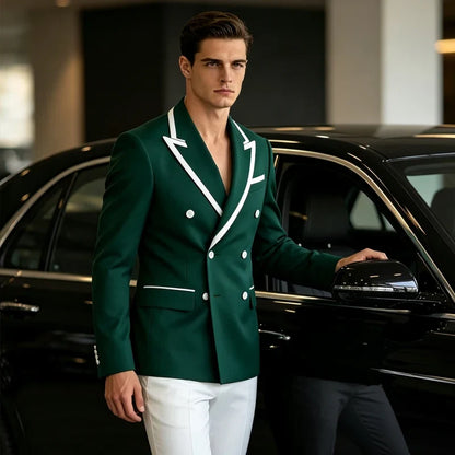 Double Breasted Slim Fit Blazer – Men's Formal Suit Jacket with White Contrast Piping