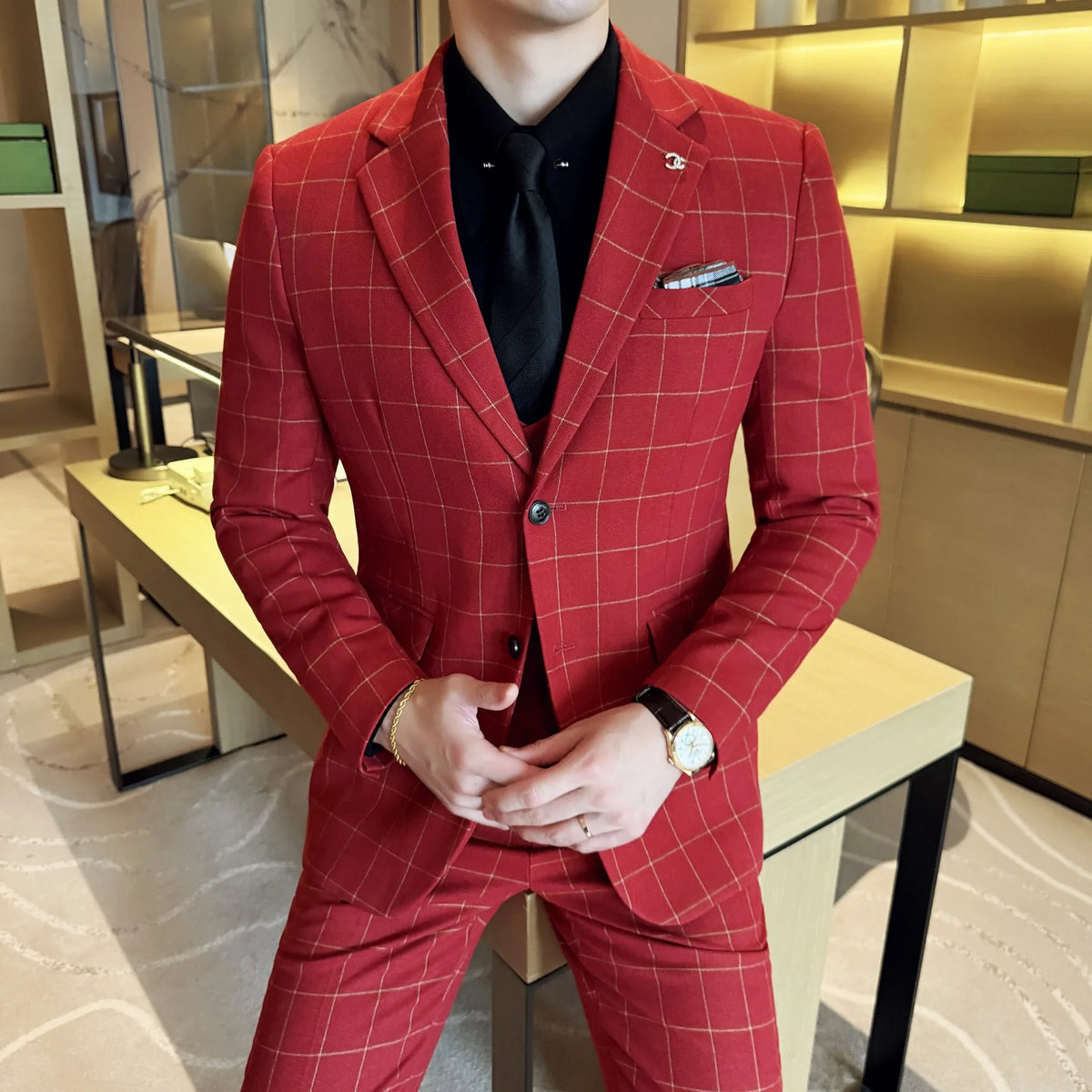Men's 3-Piece Slim Fit Plaid Suit – Jacket, Vest & Pants for Weddings, Office & Formal Occasions