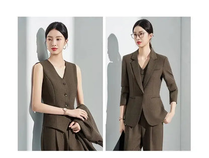Formal Office Lady Slim Fit 2 Piece Suits Autumn Dark Brown Single Button Blazer And Pants Elegant Business Female Work Wear