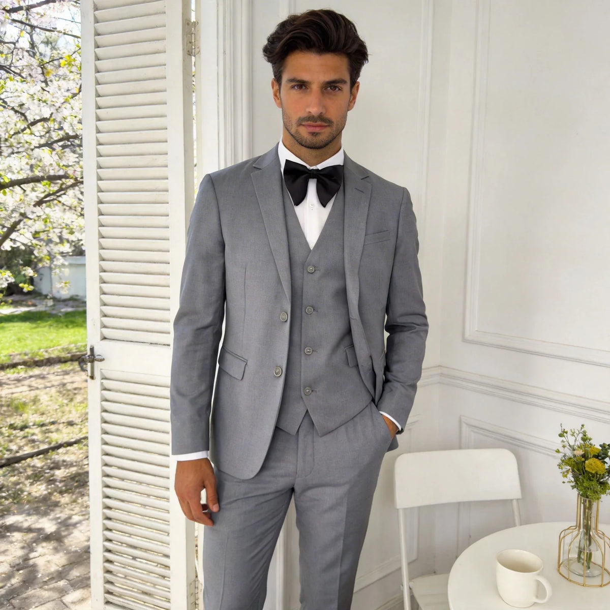 Leisure Grey Men's Suit 3 Pieces Blazer Vest Pants Bow Collar Lapel Slim Fit Wedding Tuxedos Work Business Formal Customized