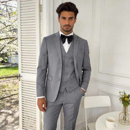 Leisure Grey Men's Suit 3 Pieces Blazer Vest Pants Bow Collar Lapel Slim Fit Wedding Tuxedos Work Business Formal Customized