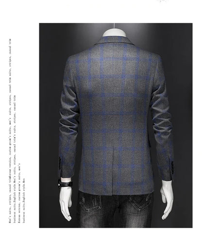 2025 Slim Fit Men's Casual Suit Handsome Fashion Plaid Blazer Polyester Business Wedding High-Quality Male Attire