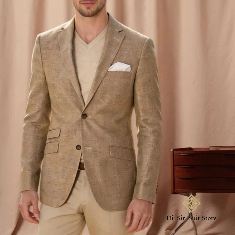 Men's Linen Blazer Jacket Business Two-Button Casual Sports Coat Slim-Fit Wedding Suits Formal Wear High-End Mens Suit Party
