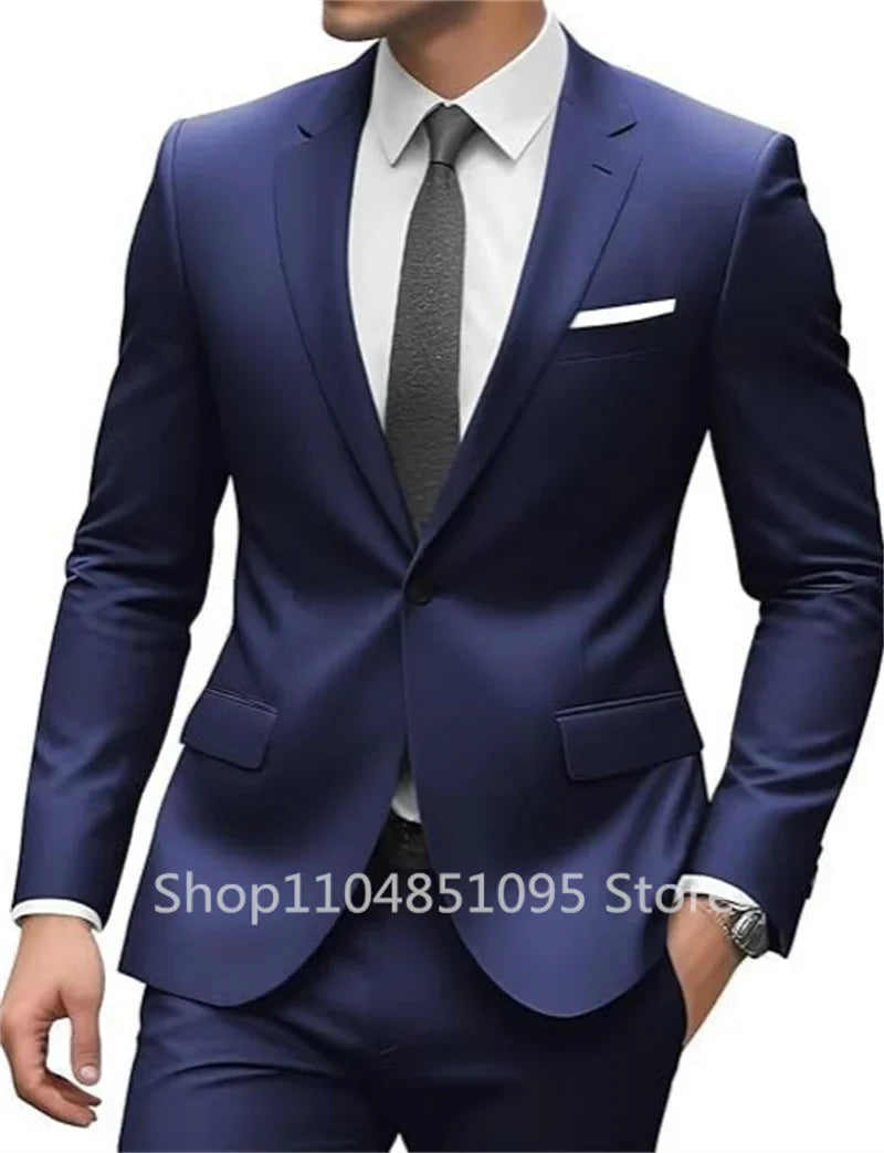 New Solid Slim Fit 2 Piece Wedding Men Suits Groom Tuxedos Formal Suit for Prom Party Busienss Best Man Notch Lapel Blazer Pants