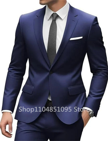 New Solid Slim Fit 2 Piece Wedding Men Suits Groom Tuxedos Formal Suit for Prom Party Busienss Best Man Notch Lapel Blazer Pants