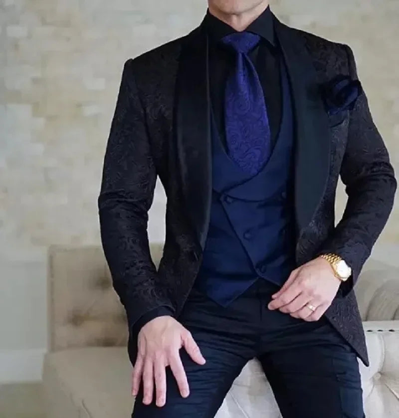 Burgundy Wedding Men Suits Slim Fit Tuxedo 3 Pieces Suit Groom Prom Jacquard Blazer Terno Masculino Suit