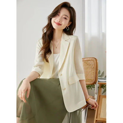 Casual Lyocell Suit Blazers Women 2026 Autumn Fashion Transparent Lightweight Three Quarter Sleeve Office Ladies Blazers