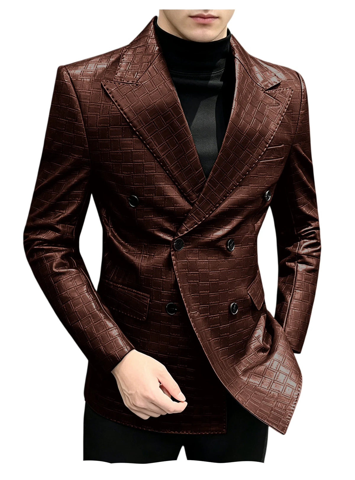 Men's Crocodile Leather Blazer Double Breasted Slim Fit Suit Jacket Formal Business Casual Sport Coat Wedding Party Streetwear