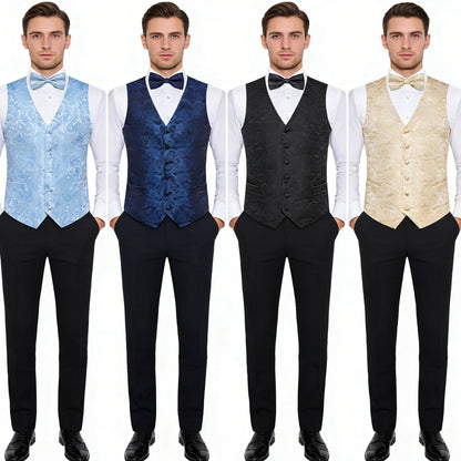 Men's Suit Vest Bow Tie Set – Formal Waistcoat with Necktie and Pocket Square for Weddings