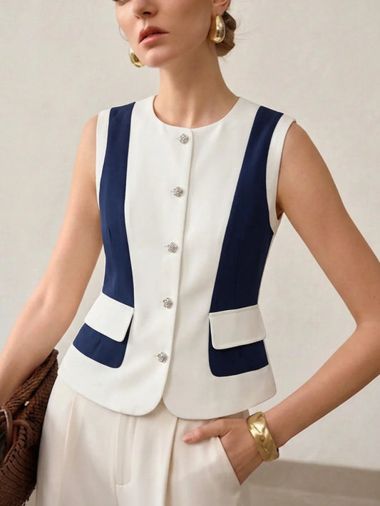 Women's Elegant Color Block Vest Chic French Style Sleeveless Jacket Navy & White Button-Up Top with Jewel Buttons Vintage In