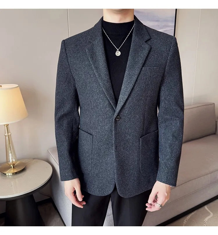 High Qualitys Thickened Wool Suit Jacket Autumn Winter New Luxury Solid Color Formal Men Business Slim Fit Social Party Tuxedo