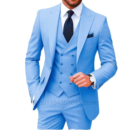 Solid Color Fashion Men Formal Business Suits Wedding Suit Slim Fit Groom Tuxedos 3 Pcs Set Dress Peak Lapel Blazer Vest Pants