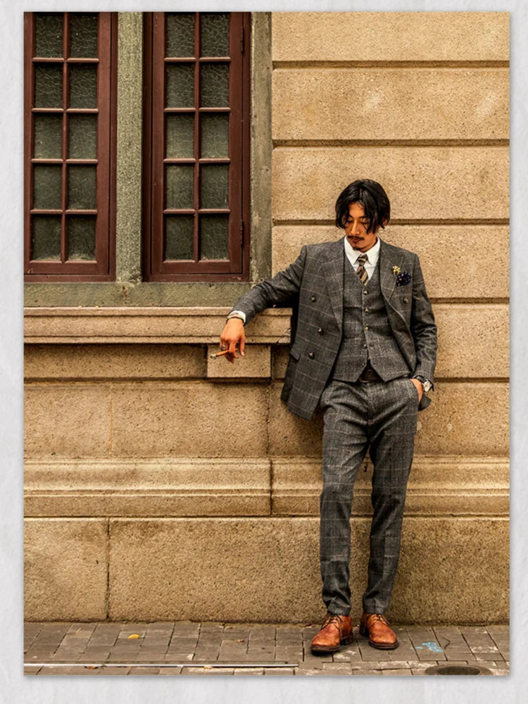 Retro British Style Double Breasted Suit Jacket Men's Checkered Business Formal Suit Wedding Professional Suit
