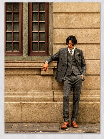 Retro British Style Double Breasted Suit Jacket Men's Checkered Business Formal Suit Wedding Professional Suit