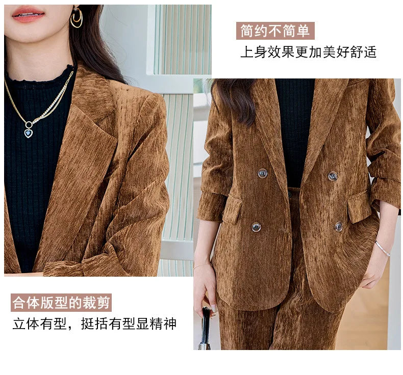 Pleuche Women Suits Office Sets 2024 Autumn New Fashion Notched Double Breasted Blazers Vintage Casual Wide Leg Pants Suits