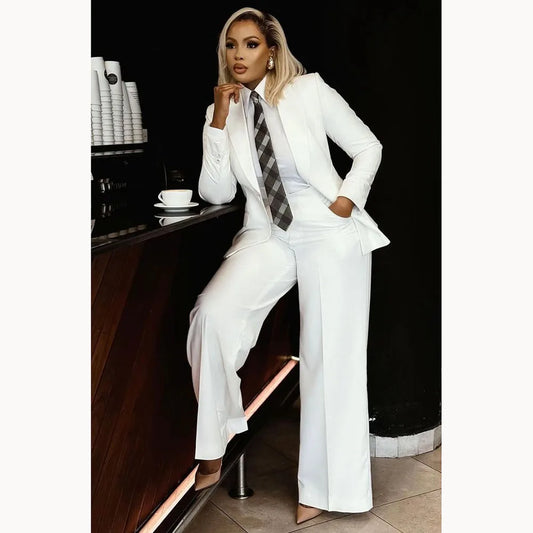 White Women's Suits Modern Formal Fashion Single-breasted Peak Lapel Two Pieces (Jacket+Pants) Office Lady Simple Set