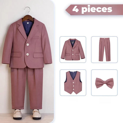 Pink Handsome Boys Lapel Slim Fit Dresswear Suits Wedding Party Spring Autumn New Child Suit Set 4 Pieces For Activities