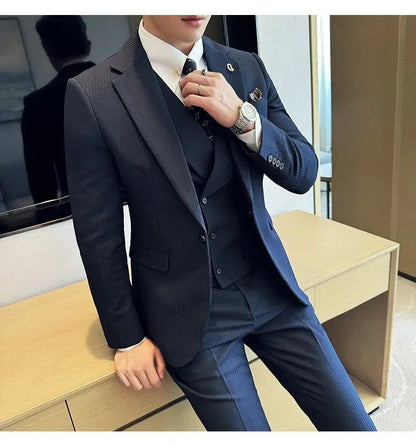 Men's Slim Fit 2-Piece Suit – Striped Single-Breasted Blazer and Trousers for Wedding, Business & Formal Wear