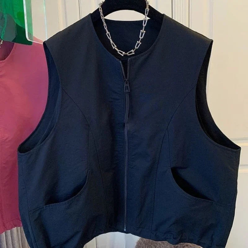 Women's Vest 2026 New Solid Color Round Neck Zipper Loose Sleeveless Jacket Vest Female Casual Tops Ladies Waistcoat Outerwear