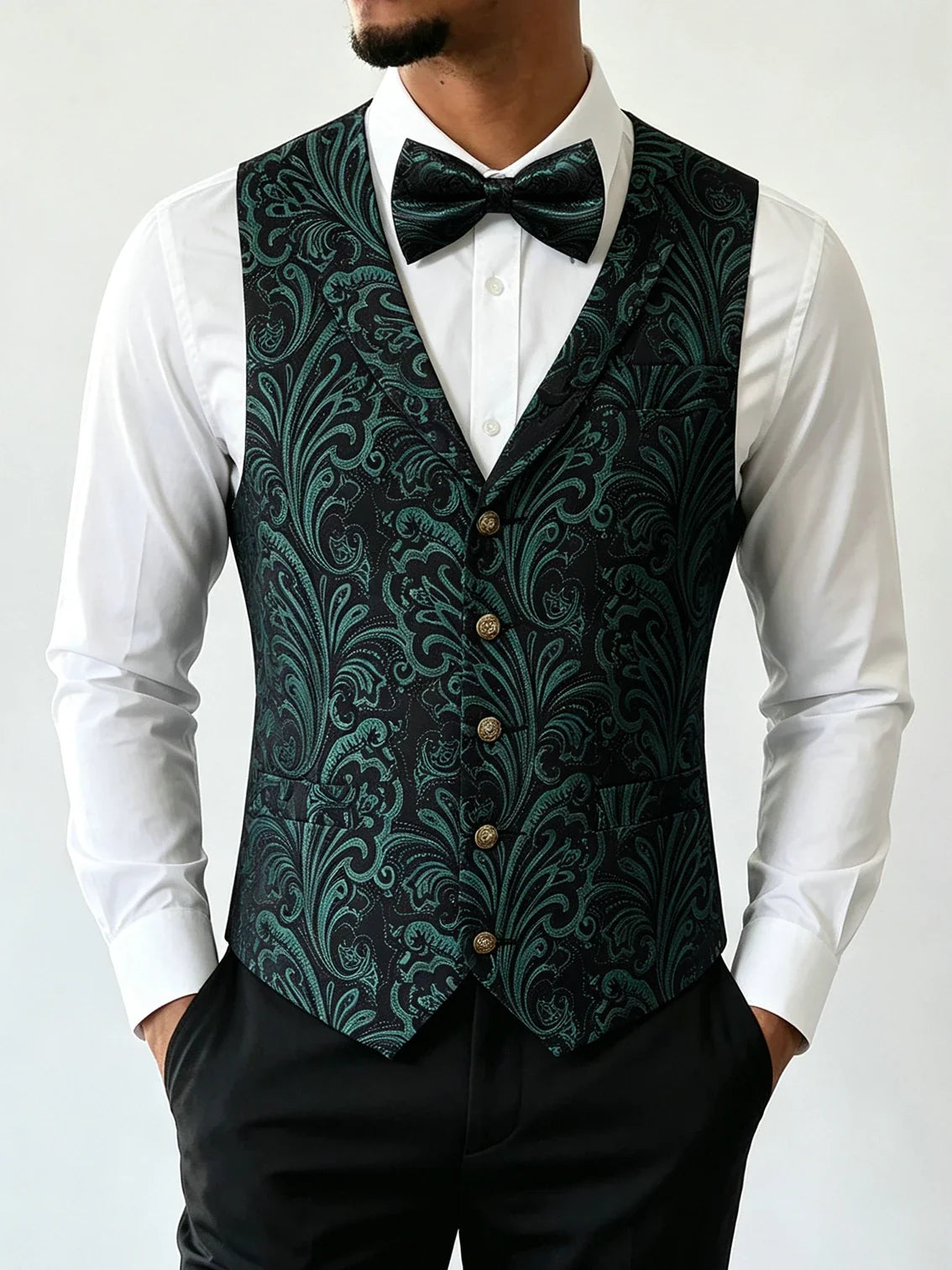 Men's Jacquard Floral Waistcoat Vest with Bowtie Set – Wedding & Formal