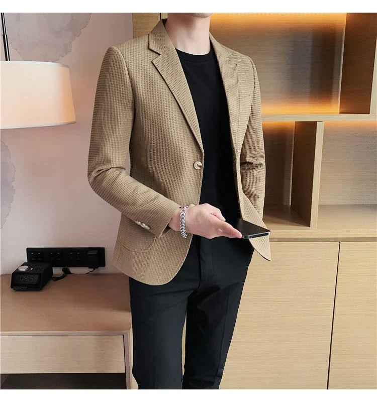 2025 Spring New Waffle Suit Coats Men Slim Fit Business Casual Blazer Jacket Homme Formal Groom Prom Wedding Tuxedo 4XL-M
