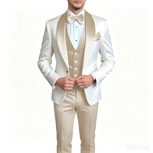 Slim Fit Men's Groom Tuxedo 3-Piece Set Fashion Business Wedding Suit with Shawl Lapel Blazer Vest Pants for Party Prom Outfits